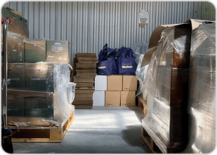 Storage shelves with organized boxes
